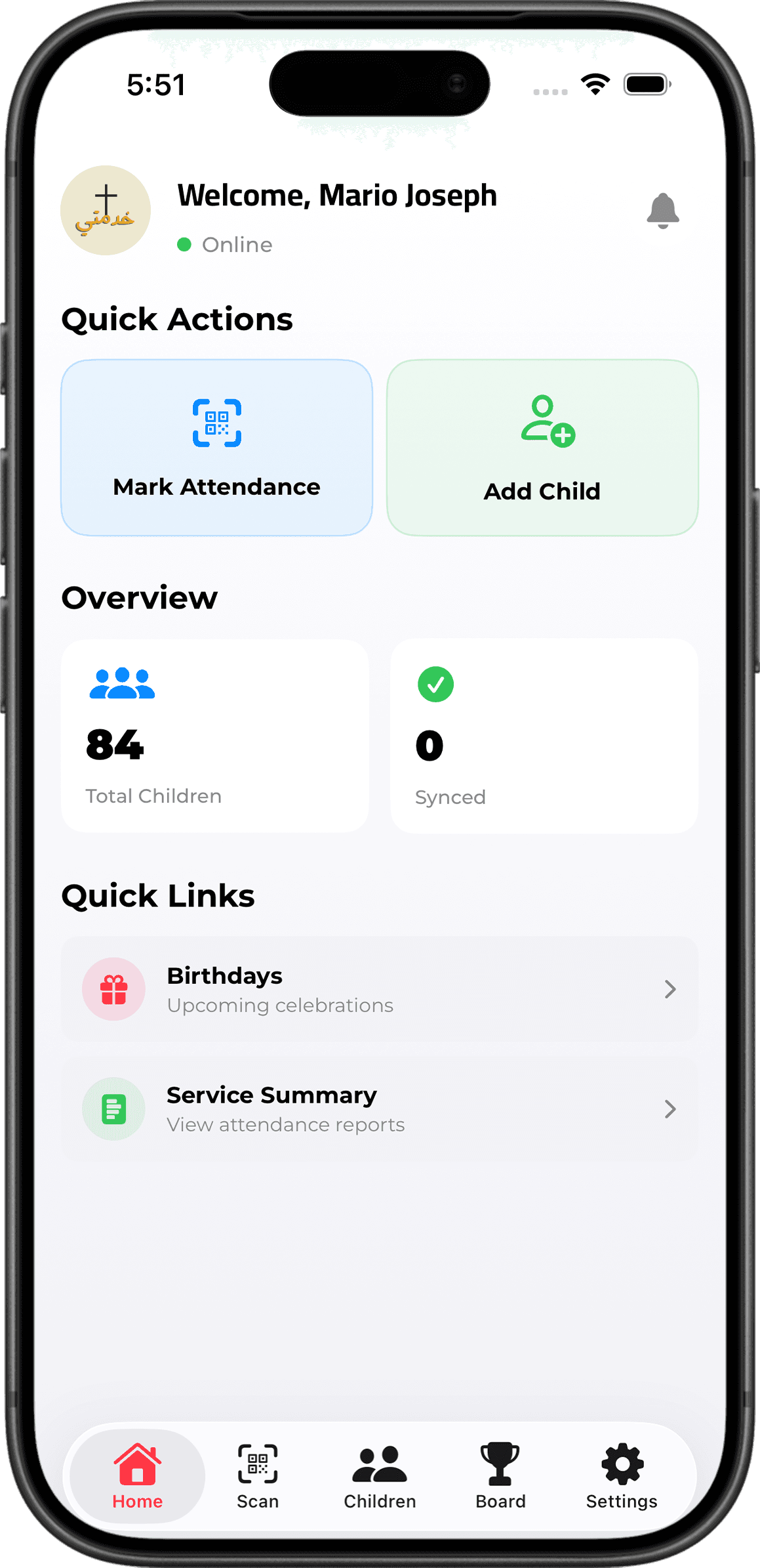 Home — quick actions and overview